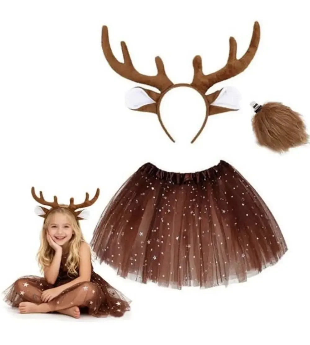 Deer Costume Antler Headband With Ears, Small Tail And Short Skirt Girls